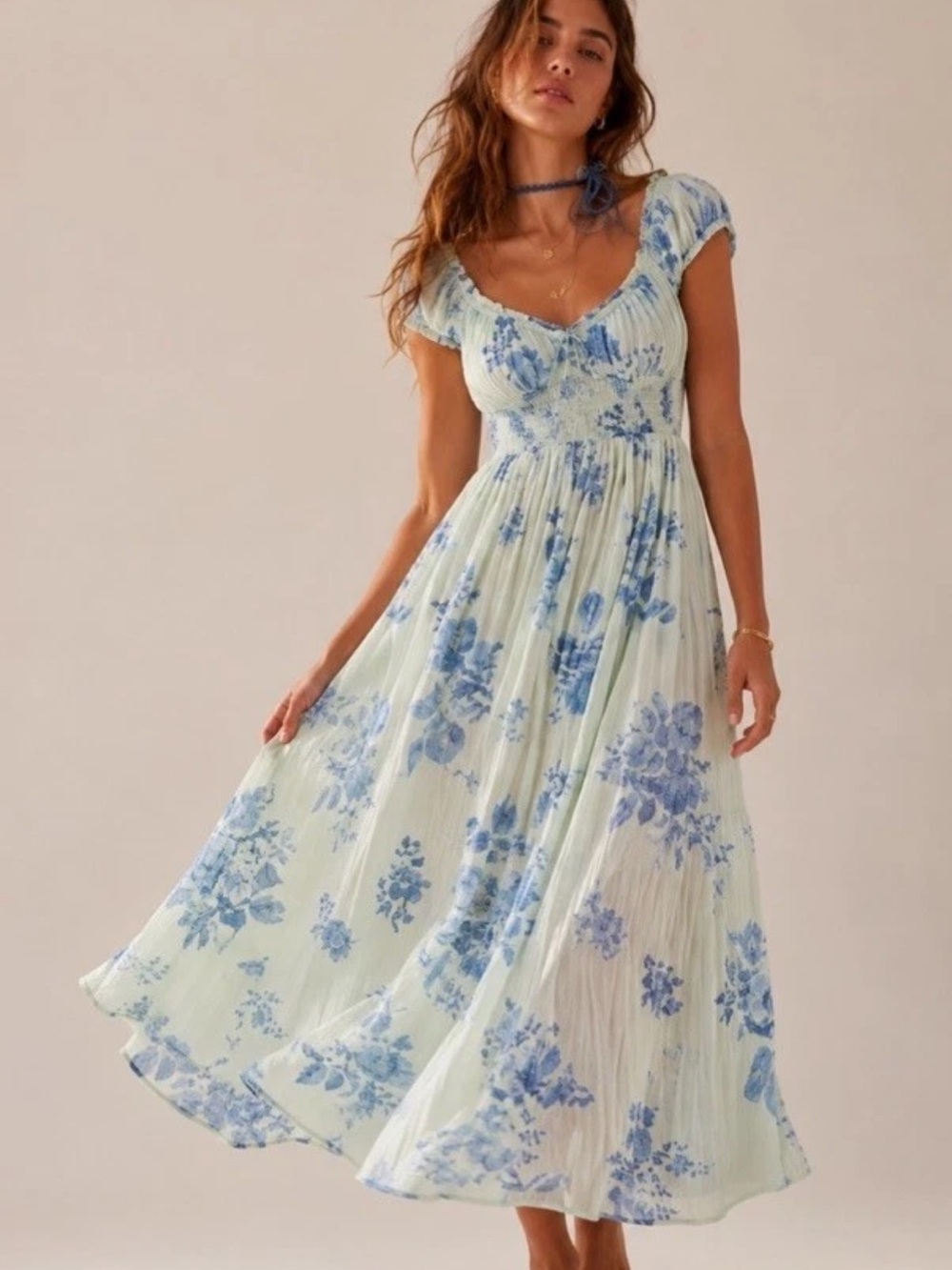 Free People Forget Me Not Blue Floral Midi Dress Small S